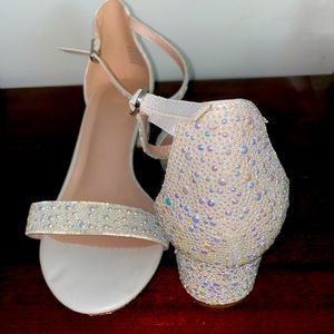 White iridescent pearl studded heels